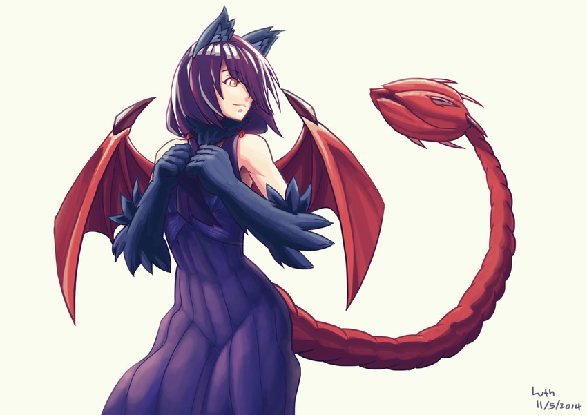 animal_ears bare_shoulders clenched_hands commentary dated dress fur hair_over_one_eye light_smile long_hair looking_to_the_side low_twintails lutherniel manticore_(monster_girl_encyclopedia) monster_girl monster_girl_encyclopedia paws prehensile_tail purple_hair red_wings reri_(elh) ribbed_dress signature simple_background sleeveless sleeveless_dress solo tail tail_raised twintails white_background wings yellow_eyes