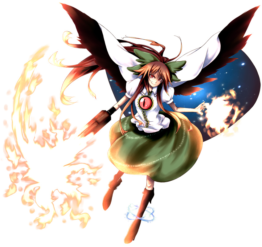 aaii black_hair boots bow cape fire full_body green_bow hair_bow highres long_hair red_eyes red_hair reiuji_utsuho solo touhou transparent_background wings