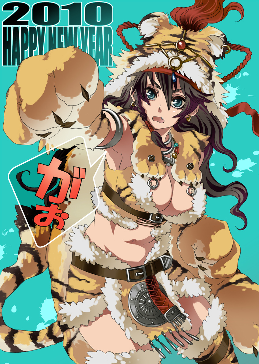 2010 animal_ears bad_id bad_pixiv_id belt black_hair breasts cleavage earrings fang hat highres hua_man hyakkimaru_(100mani) jewelry large_breasts loincloth navel new_year paws sangokushi_taisen solo tail thighhighs tiger_ears tiger_paws
