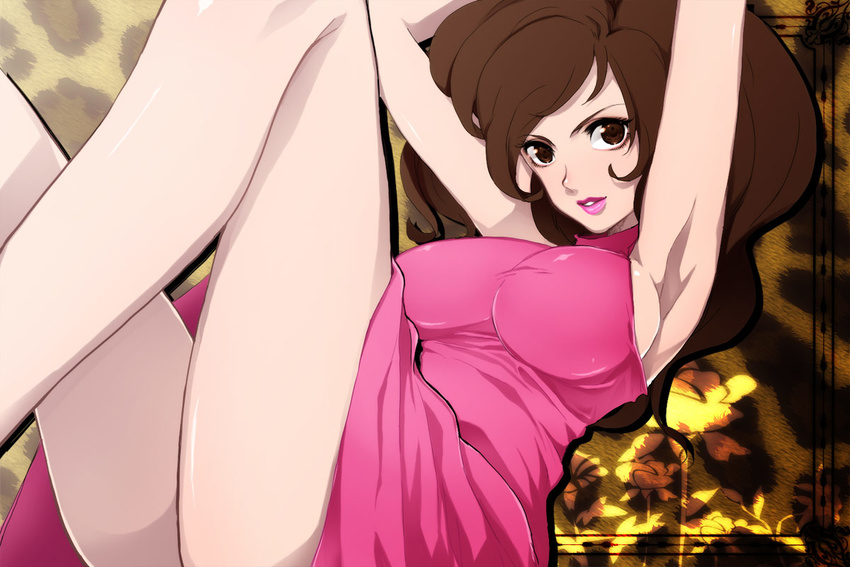 armpits bad_id bad_pixiv_id breasts brown_eyes brown_hair dress hattori_masaki large_breasts legs lips lipstick lupin_iii makeup mine_fujiko solo