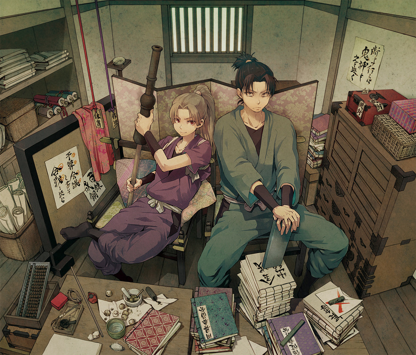 abacus book box chair drawer folding_screen gun indoors japanese_clothes light_smile long_hair looking_at_viewer male_focus miyuki_ruria mortar multiple_boys ninja ninjutsu_rakuen oil_lamp on_box perspective ponytail rakudai_ninja_rantarou scroll shioe_monjirou shippou_(pattern) sitting spool tamura_mikiemon weapon