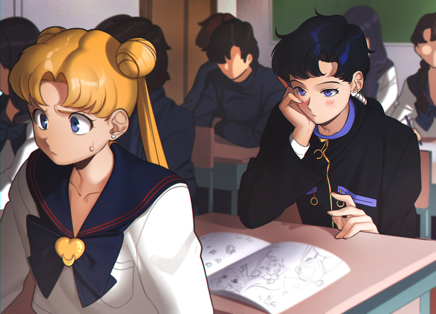 aconitea bad_id bad_pixiv_id bishoujo_senshi_sailor_moon black_hair blonde_hair blue_eyes blue_sailor_collar brooch chin_rest chromatic_aberration classroom collarbone desk doodle double_bun earrings faceless gakuran hair_tie highres holding holding_pencil jewelry juuban_high_school_uniform long_hair multiple_girls notebook pencil ponytail purple_eyes ribbon sailor_collar school_uniform seiya_kou serafuku sweatdrop tsukino_usagi twintails