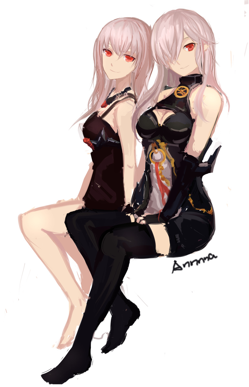 absurdres black_legwear breasts cleavage dark_templar_(dungeon_and_fighter) demon_slayer_(dungeon_and_fighter) dungeon_and_fighter female_slayer_(dungeon_and_fighter) hair_over_one_eye highres long_hair looking_at_viewer medium_breasts multiple_girls naemperor red_eyes silver_hair simple_background smile thighhighs white_background