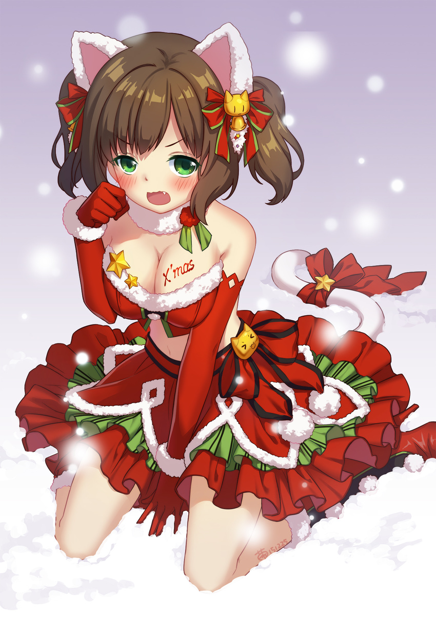animal_ears blush breasts brown_hair cat_ears cat_tail christmas cleavage elbow_gloves fang gloves green_eyes highres idolmaster idolmaster_cinderella_girls large_breasts looking_at_viewer maekawa_miku open_mouth short_hair solo tail twintails yui_(daijun)