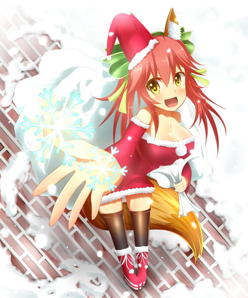 absurdres alternate_costume animal_ears bag bare_shoulders black_legwear blush breasts christmas cleavage collarbone detached_sleeves fate/extra fate/stay_night fate_(series) fox_ears fox_tail hair_ornament hair_ribbon highres large_breasts long_hair looking_at_viewer open_mouth pink_hair pom_pom_(clothes) ribbon santa_costume snow solo tail tamamo_(fate)_(all) tamamo_no_mae_(fate) thighhighs twintails yuya090602
