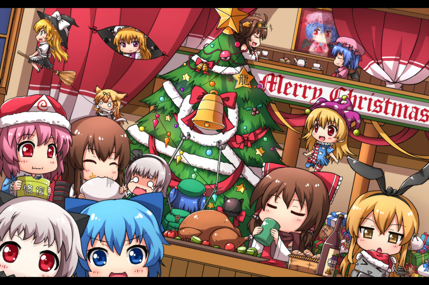 &gt;_&lt; /\/\/\ 6+girls :3 :d ^_^ ahoge akagi_(kantai_collection) american_flag_dress american_flag_legwear anchor_hair_ornament ascot backpack bag bell blonde_hair blue_eyes blue_hair bone bottle bow box bread broom bucket candy candy_cane chibi christmas christmas_tree cirno closed_eyes clownpiece commentary_request covered_mouth crossover crying crying_with_eyes_open cup detached_sleeves drinking eating enemy_aircraft_(kantai_collection) flying food gap gift gift_box gloom_(expression) hair_bobbles hair_bow hair_flaps hair_ornament hair_ribbon hair_tubes hairband hairclip hakama hakurei_reimu hat highres holding horns japanese_clothes jester_cap kaiyi kantai_collection kawashiro_nitori kirisame_marisa komeiji_satori kongou_(kantai_collection) konpaku_youmu konpaku_youmu_(ghost) long_hair looking_at_viewer machinery merry_christmas mittens mob_cap mouth_hold multiple_girls nontraditional_miko northern_ocean_hime o_o open_mouth painting_(object) pale_skin pink_hair red_eyes remilia_scarlet remodel_(kantai_collection) rensouhou-chan ribbon riding saigyouji_yuyuko santa_hat scarf shimakaze_(kantai_collection) shinkaisei-kan short_hair silver_hair smile tasuki teacup tears third_eye touhou translation_request triangular_headpiece turkey_(food) turret two_side_up wavy_mouth white_hair witch_hat xd yakumo_yukari yellow_eyes yunomi yuudachi_(kantai_collection)