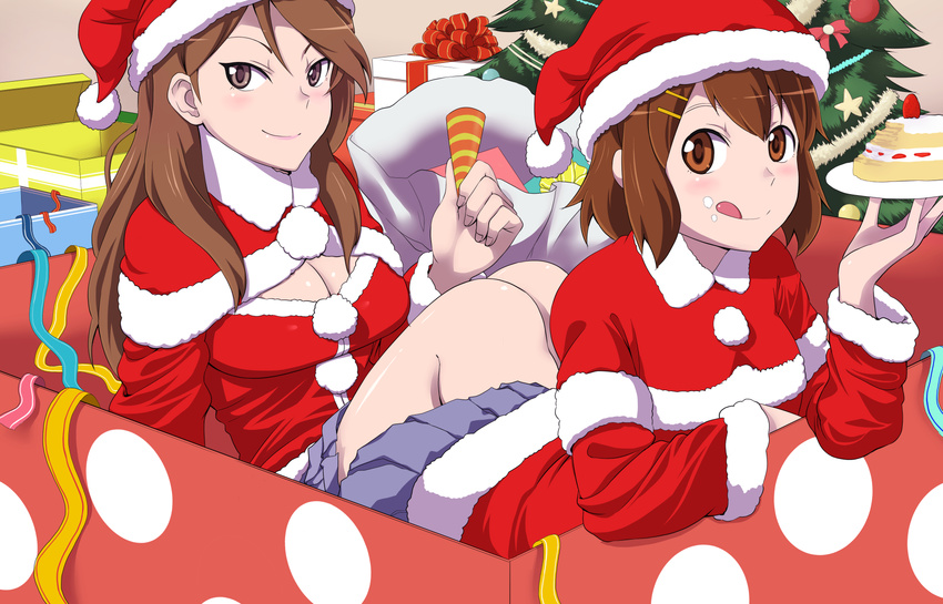 :q box breasts brown_eyes brown_hair cake cleavage extra food highres hirasawa_yui in_box in_container k-on! long_hair medium_breasts multiple_girls party_popper santa_costume short_hair tachibana_himeko tongue tongue_out tyotyotyori