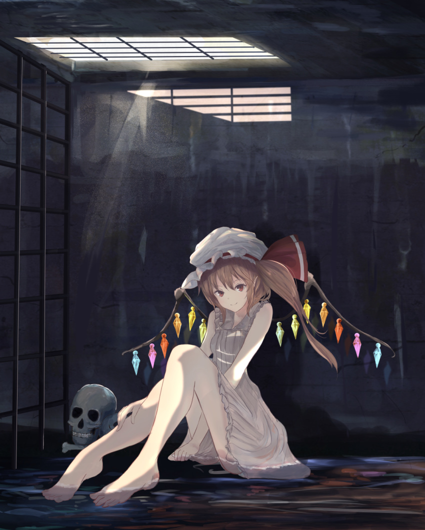 bangs bars blonde_hair bone closed_mouth commentary_request crystal dress dress_tug eyebrows_visible_through_hair flandre_scarlet frilled_dress frills full_body hat hat_ribbon highres light_rays looking_at_viewer mob_cap partially_submerged pointy_ears red_eyes red_ribbon ribbon side_ponytail sitting skull smile solo sunbeam sunlight touhou translation_request water white_dress wings yukitourou