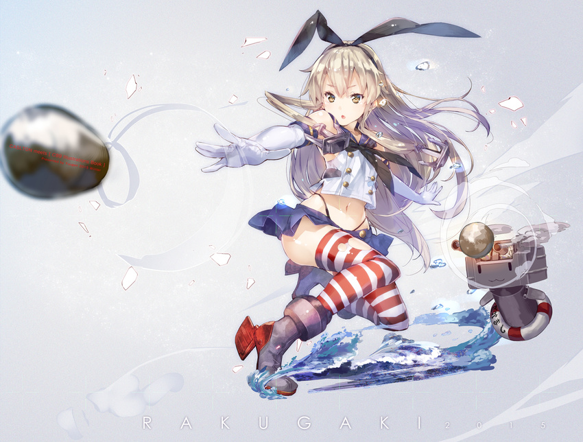 :o blonde_hair crop_top crop_top_overhang elbow_gloves firing gloves gradient gradient_background green_eyes highleg highleg_panties kantai_collection kneeling lifebuoy long_hair midriff miniskirt navel outstretched_arms panties projectile rensouhou-chan revision rudder_shoes sailor_collar school_uniform serafuku shimakaze_(kantai_collection) skirt thighhighs thong torn_clothes torn_legwear underwear water yuugen