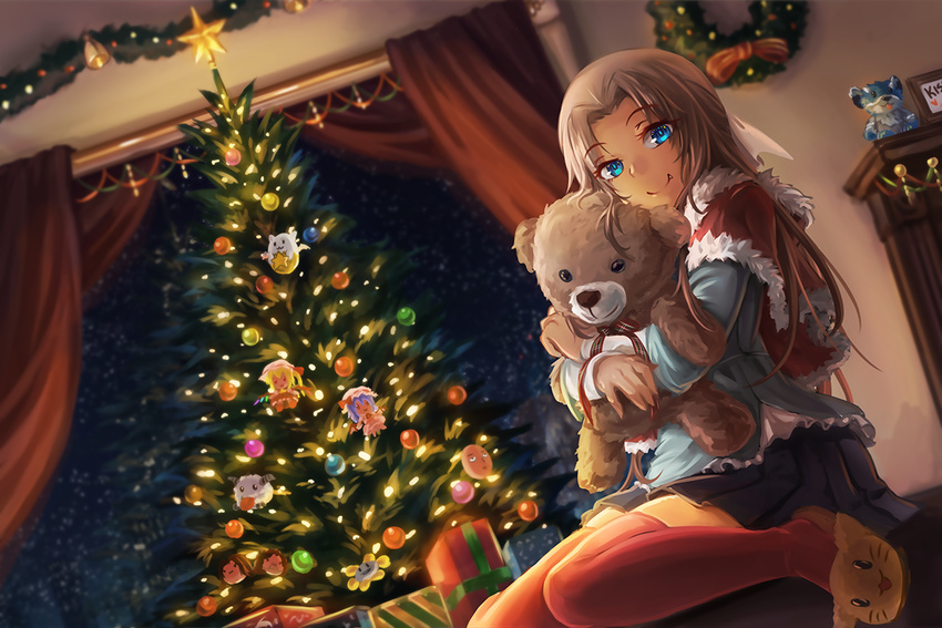 arin_hanson bat_wings blonde_hair blue_eyes blush box capelet cat_slippers character_doll christmas_ornaments christmas_tree crossover dan_avidan doll_hug fang flandre_scarlet flowey_(undertale) freeze-ex game_grumps gift gift_box league_of_legends looking_at_viewer merry_christmas multiple_crossover one-punch_man original otoko_no_ko poro_(league_of_legends) puzzle_&amp;_dragons red_legwear remilia_scarlet saitama_(one-punch_man) shirt sitting skirt smile solo stuffed_animal stuffed_toy tamadra teddy_bear thighhighs touhou undertale wariza wings zettai_ryouiki