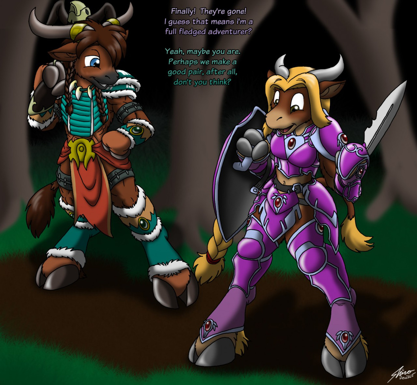 2015 anthro armor blonde_hair bovine braided_hair brown_hair catmonkshiro clothing crossbow duo female forest fur gem gender_transformation hair hooves horn jewelry male mammal melee_weapon necklace outside pheagle philadelphia_eagles ranged_weapon shield sword tauren transformation tree uniform video_games warcraft weapon world_of_warcraft