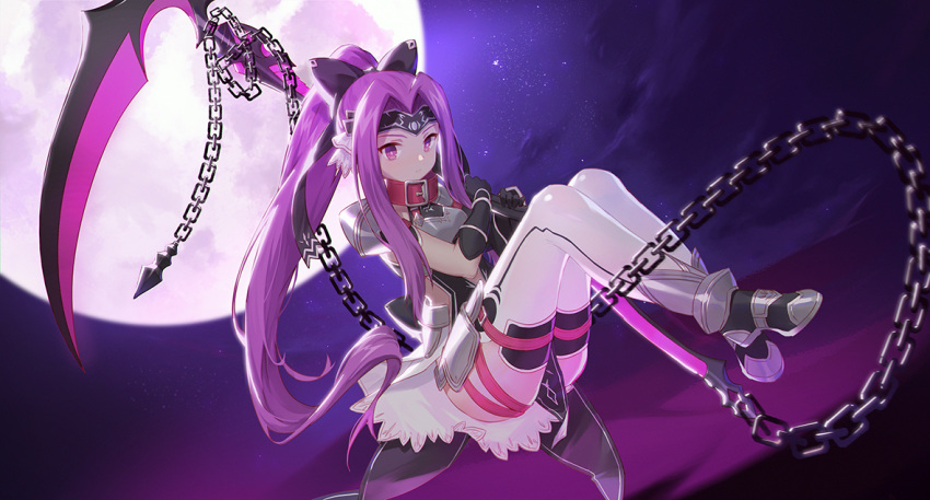 1girl armor ass belt black_footwear black_gloves black_ribbon breastplate chains closed_mouth commentary_request expressionless fate/grand_order fate_(series) faulds full_body full_moon gloves hair_intakes hair_ribbon headband holding holding_weapon knees_up long_hair looking_at_viewer medusa_(lancer)_(fate) miniskirt moon night night_sky outdoors pelvic_curtain ponytail purple_eyes purple_hair ribbon rider scythe shoes shoulder_armor showgirl_skirt skirt sky sleeveless smile_(mm-l) solo star_(sky) starry_sky thighhighs very_long_hair weapon white_legwear white_skirt