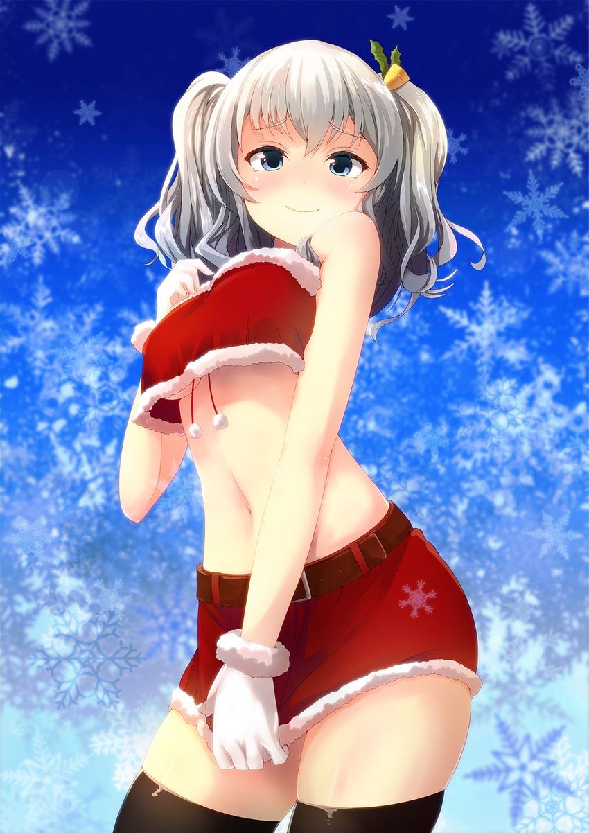 alternate_costume bare_shoulders bell black_legwear blue_eyes breasts fur_trim gloves grey_eyes hair_bell hair_ornament highres kantai_collection kashima_(kantai_collection) looking_at_viewer medium_breasts midriff navel red_skirt santa_costume silver_hair skirt skirt_tug smile solo stomach sunsuke thighhighs underboob wavy_hair white_gloves