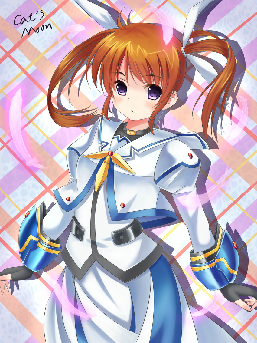 absurdres black_gloves feathers fingerless_gloves gloves hair_ribbon highres looking_at_viewer lyrical_nanoha magical_girl mahou_shoujo_lyrical_nanoha mahou_shoujo_lyrical_nanoha_the_movie_1st purple_eyes red_hair ribbon solo takamachi_nanoha twintails white_ribbon youxuemingdie