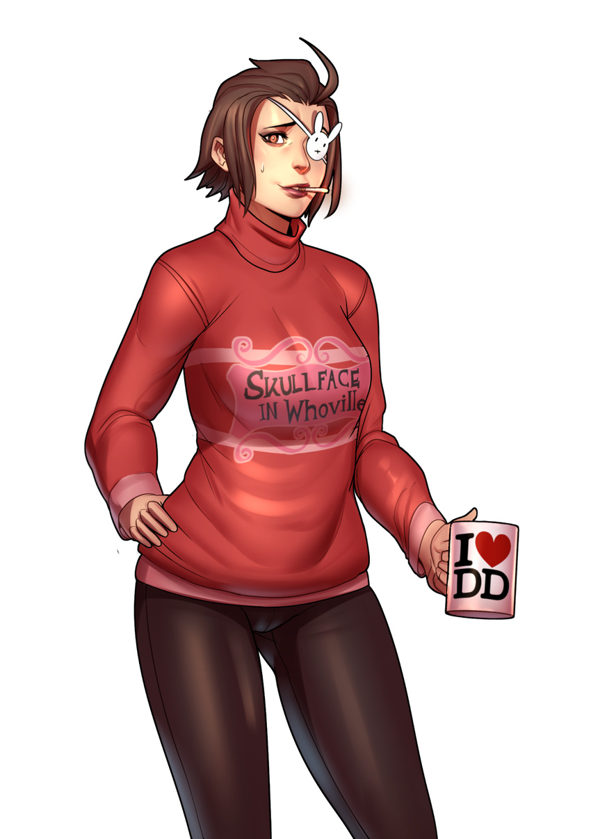 1girl ahoge breasts brown_eyes brown_hair cameo christmas cigarette cowboy_shot cup eyepatch hand_on_hip highres jane_doe_(john_doe) john_doe lips looking_at_viewer mug original short_hair smoking solo sweatdrop sweater transparent_background turtleneck whoville