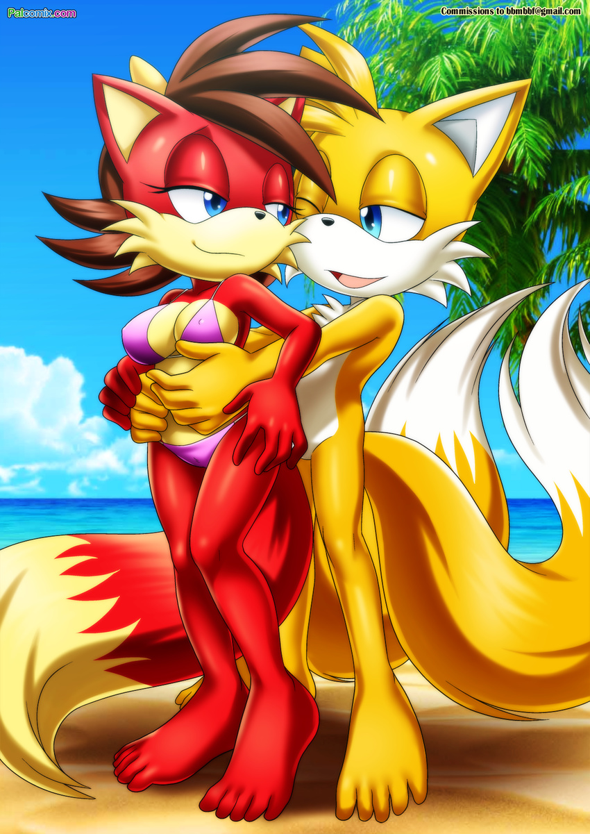 2015 2_tails anthro archie_comics bbmbbf beach bikini black_nose blue_eyes bow breasts canine clothed clothing couple cream_fur cute duo eye_contact female fiona_fox fox fur hair half-closed_eyes hands_on_stomach hug looking_back male male/female mammal miles_prower mobian_(species) mobius_unleashed multiple_tails nipple_bulge one_eye_closed open_mouth orange_fur palcomix red_fur red_hair sea seaside short_hair smile sonic_(series) standing swimsuit water white_fur