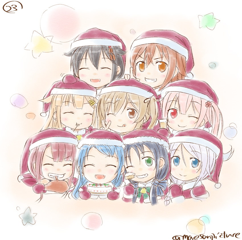 :d ;d alternate_costume black_hair blonde_hair blue_eyes blue_hair braid brown_eyes brown_hair cake christmas closed_eyes commentary_request eating food gradient_hair green_eyes hair_flaps hair_ornament harusame_(kantai_collection) hat highres kantai_collection kawakaze_(kantai_collection) long_hair looking_at_viewer mae_(maesanpicture) multicolored_hair multiple_girls murasame_(kantai_collection) numbered one_eye_closed open_mouth pink_hair red_eyes red_hair remodel_(kantai_collection) samidare_(kantai_collection) santa_hat shigure_(kantai_collection) shiratsuyu_(kantai_collection) silver_hair smile suzukaze_(kantai_collection) tongue tongue_out turkey_leg twintails umikaze_(kantai_collection) v yuudachi_(kantai_collection)