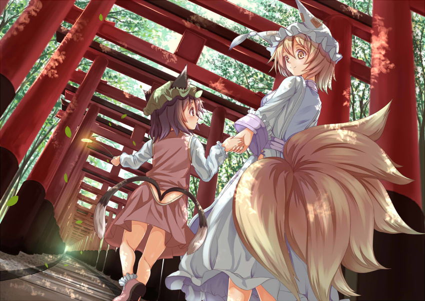 animal_ears ass_cutout back bangs black_hair blonde_hair butt_crack cat_ears cat_tail chen closed_mouth day dutch_angle eye_contact falling_leaves fox_tail frilled_sleeves frills from_below hair_between_eyes hat holding_hands leaf long_sleeves looking_at_another multiple_girls multiple_tails multiple_torii outdoors pillow_hat red_skirt red_vest shirt short_hair skirt skirt_set smile tabard tail tail_slit_clothes tail_through_clothes tassel touhou tree upskirt vest walking white_shirt yakumo_ran yellow_eyes yukishiro_arute