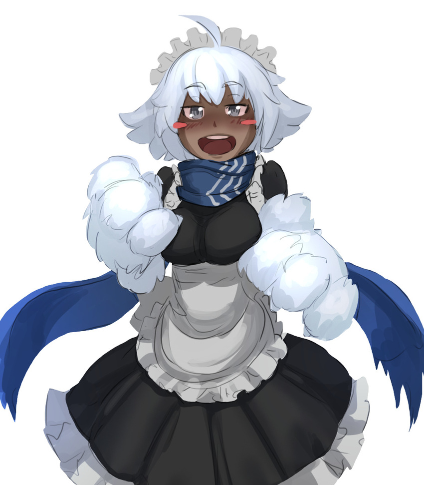 :d ahoge alternate_costume bad_id bad_tumblr_id blush_stickers dark_skin enmaided fur grey_eyes highres less looking_at_viewer maid maid_headdress monster_girl monster_girl_encyclopedia open_mouth paws scarf short_hair silver_hair simple_background smile solo white_background yeti_(monster_girl_encyclopedia)