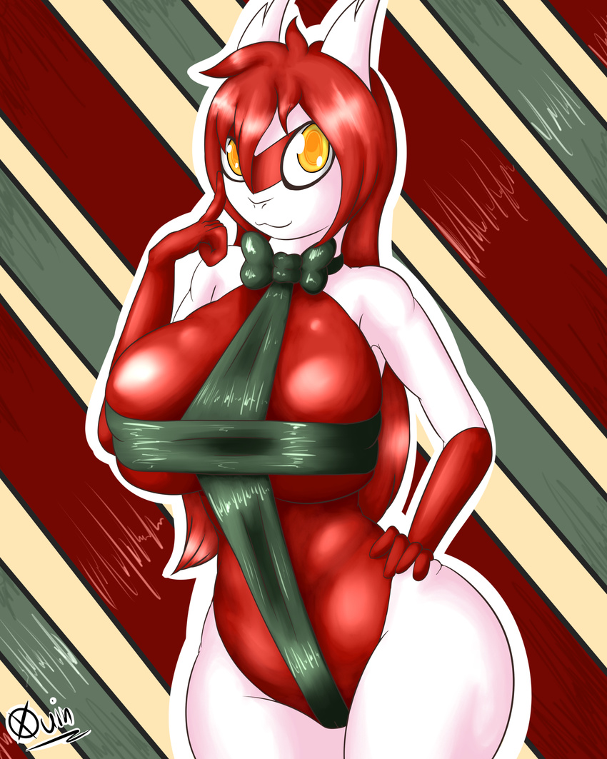 anthro big_breasts bow breasts christmas dragon female hair holidays latias legendary_pok&eacute;mon lewdtias long_hair looking_at_viewer nintendo pok&eacute;mon quin-nsfw red_hair ribbons smile solo standing video_games yellow_eyes
