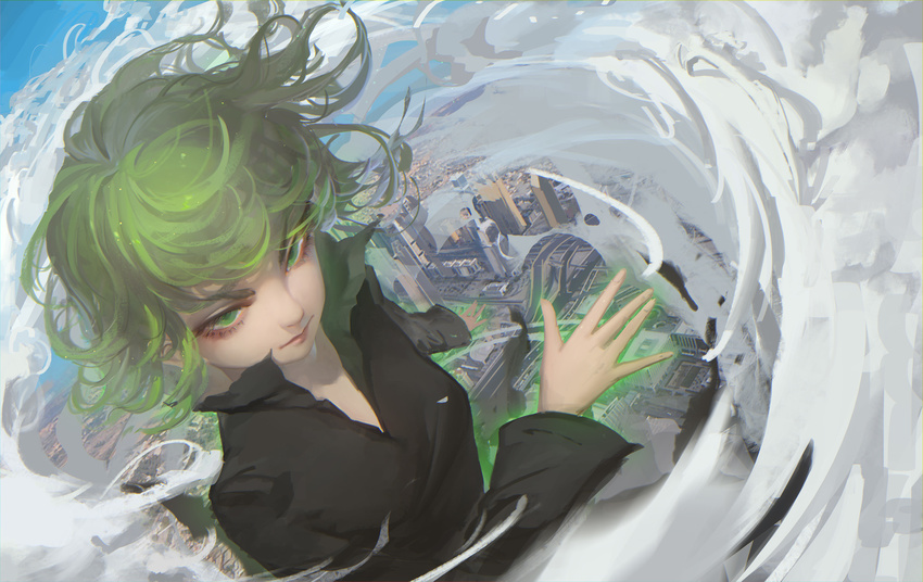 absurdres bing_bing black_dress blush cloud commentary_request curly_hair dress flying green_eyes green_hair highres looking_at_viewer one-punch_man short_hair solo tatsumaki telekinesis