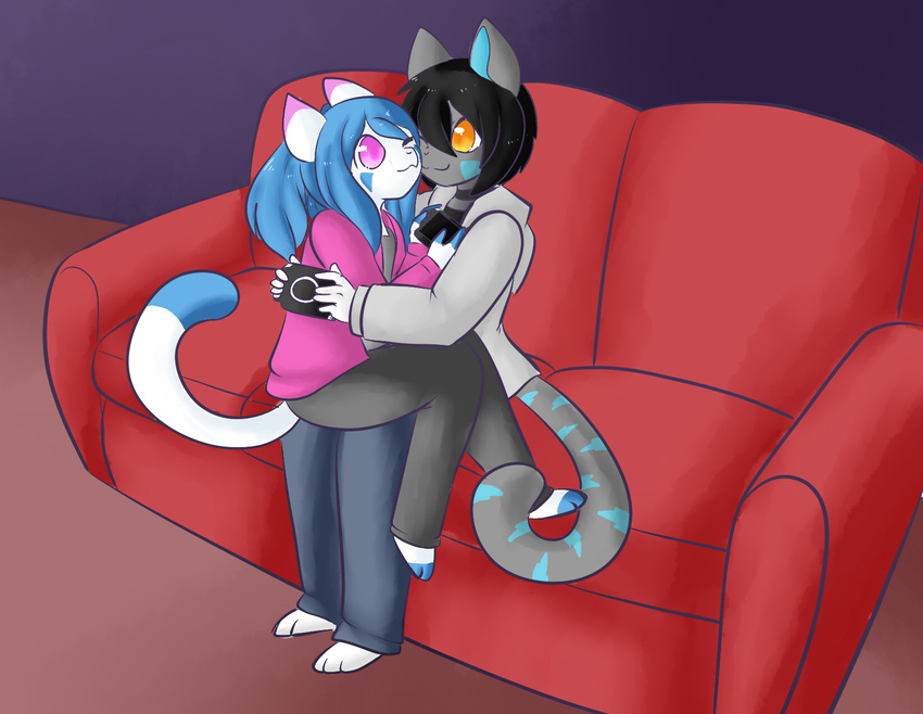 azzy black_hair blue_hair boop cuddling feline game_(disambiguation) hair karichan622 lyra_belle mammal on_lap ps_vita sitting_on_lap sofa