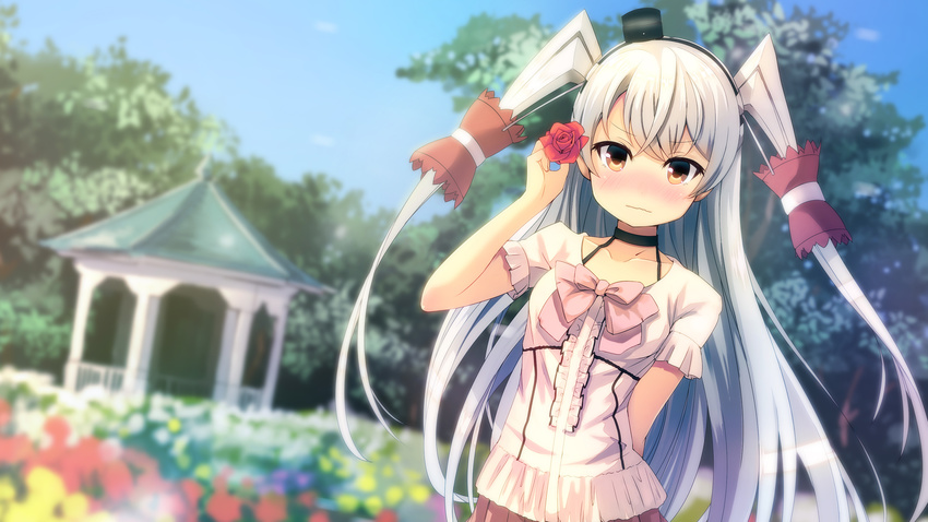 :| adjusting_hair_ornament alternate_costume amatsukaze_(kantai_collection) arm_behind_back bangs black_hat blouse blurry blush bow brown_eyes casual choker closed_mouth collarbone day depth_of_field dress dutch_angle flower garden gazebo hair_flower hair_ornament hair_tubes hat highres kantai_collection long_hair looking_at_viewer nervous nose_blush outdoors red_flower red_rose rose short_sleeves silver_hair sky solo sunlight sunsuke two_side_up very_long_hair white_blouse