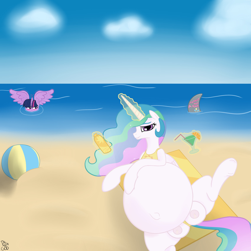animal_genitalia beach belly big_belly big_breasts bikini breasts clothing cutie_mark duo equine feathered_wings feathers female fish friendship_is_magic fur glowing hair hooves horn horse long_hair looking_at_viewer magic mammal marine multicolored_hair my_little_pony nipples open_mouth outside overweight pony princess_celestia_(mlp) putinforgod seaside shark smile swimsuit twilight_sparkle_(mlp) two_tone_hair water winged_unicorn wings