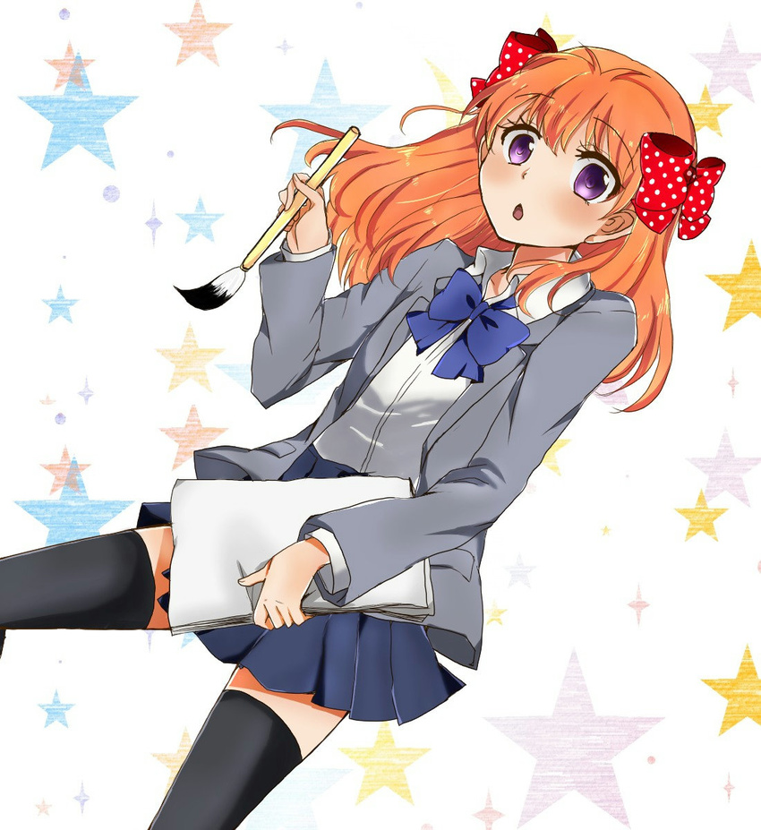 black_legwear blazer bow commentary_request gekkan_shoujo_nozaki-kun hair_bow highres jacket long_hair miyu_(yamatubaki1227) orange_hair polka_dot polka_dot_bow purple_eyes rouman_academy_uniform sakura_chiyo school_uniform solo thighhighs