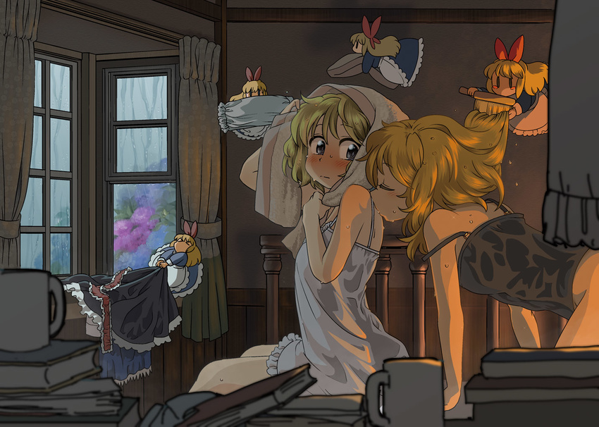 &gt;_&lt; alice_margatroid all_fours apron babydoll back_kiss backlighting bangs bare_legs blonde_hair blue_dress blue_eyes blush blush_stickers bon_(rump) book_stack bottomless bow braid camisole capelet closed_eyes clothes_removed cup curtains doll dress dripping flower flying frills glass hair_bow hair_brush hair_brushing hairband holding holding_hair hydrangea indoors kirisame_marisa kiss laundry lingerie long_hair looking_at_another looking_back mug multiple_girls no_panties on_bed pink_towel pulling rain red_bow shanghai_doll short_hair sitting sleeveless sleeveless_dress strap_slip touhou towel towel_on_head underwear waist_apron water wet wet_hair white_apron window wooden_wall yuri