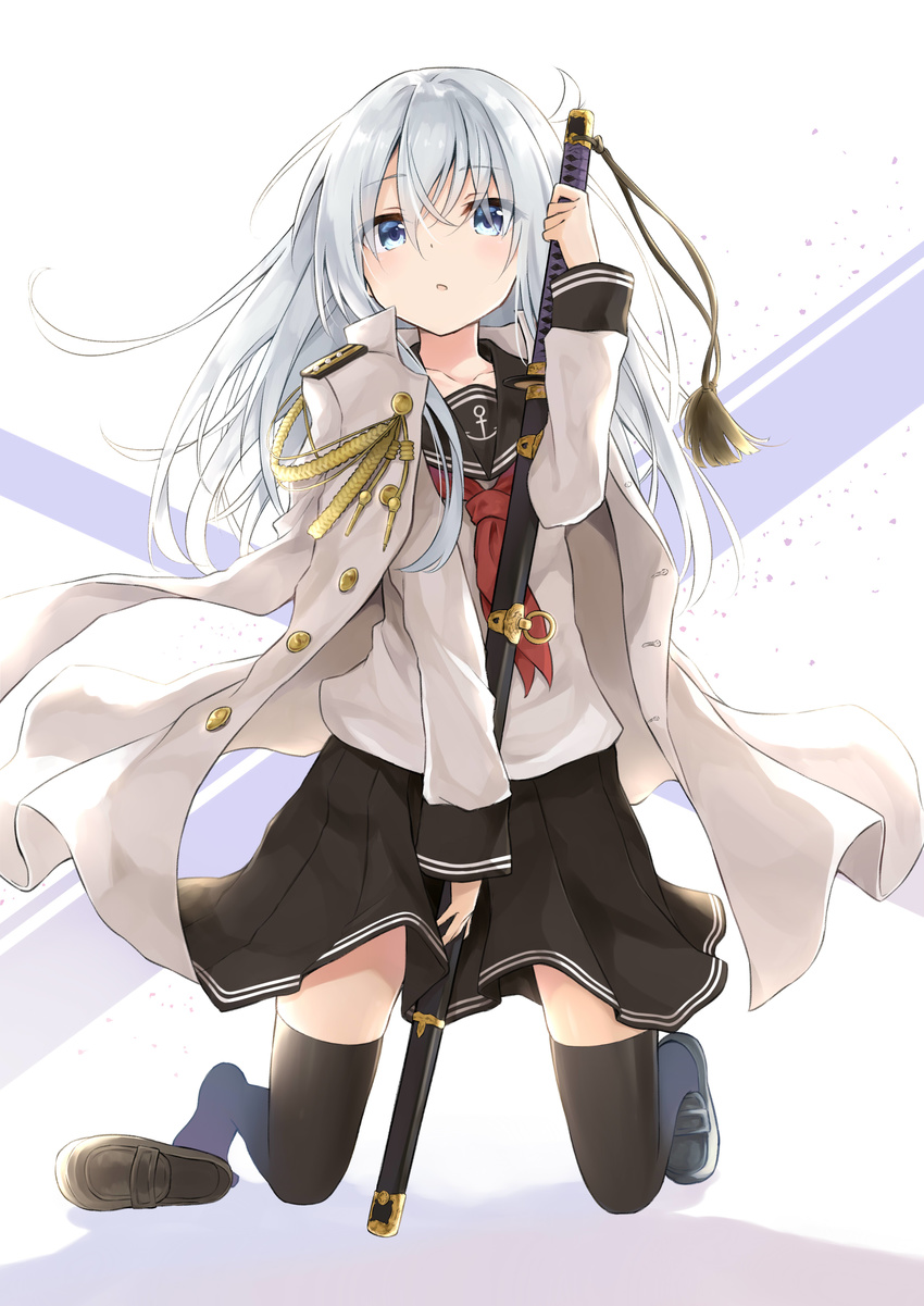 :o absurdres anchor_symbol azuuru black_legwear black_skirt blue_eyes blush borrowed_garments brown_footwear collarbone full_body hair_between_eyes hibiki_(kantai_collection) highres holding holding_sword holding_weapon jacket_on_shoulders kantai_collection katana kneeling kojiri long_hair long_sleeves military military_uniform neckerchief parted_lips red_ribbon ribbon sailor_collar same-hada saya_(scabbard) scabbard school_uniform serafuku sheath shirt shoes shoulder_pads silver_hair simple_background single_shoe skirt solo sword tassel thighhighs tsuba_(guard) tsuka-ito tsuka_(handle) uniform weapon white_shirt