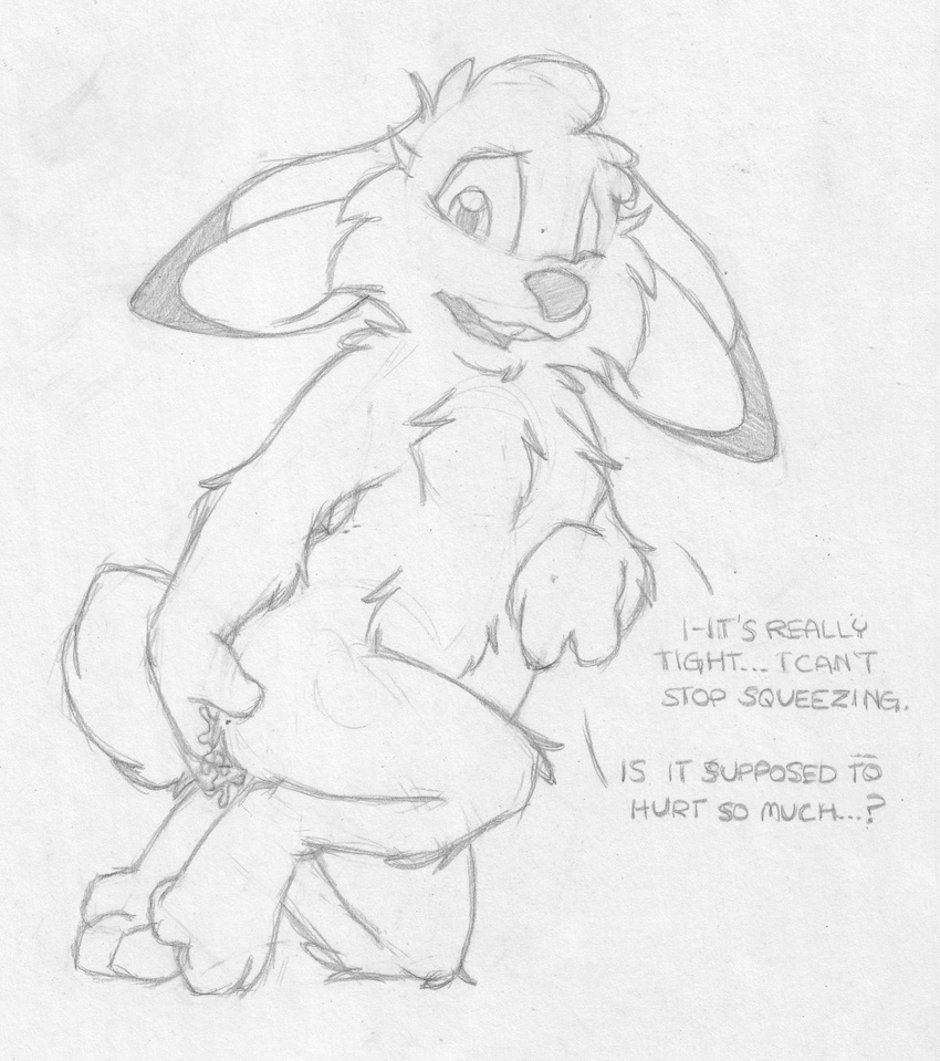 anal anal_fingering anal_masturbation anthro anus barefoot buckteeth butt cub dialogue english_text fingering fingering_self greyscale jake_cottontail kneeling lagomorph male mammal masturbation mizzyam monochrome nude one_eye_closed open_mouth pencil_(artwork) rabbit side_view solo teeth text traditional_media_(artwork) wince young