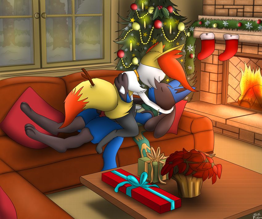 akiru01 balls braixen canine christmas cowgirl_(disambiguation) fiona fox holidays hug inside jackal jewelry kissing lucario lying male mammal necklace night nintendo on_back penis pok&eacute;mon riky scarf video_games