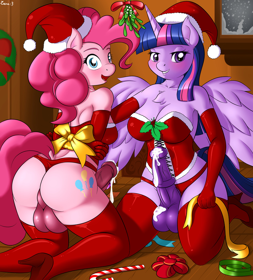 2015 absurd_res animal_genitalia anthro anthrofied balls blue_eyes blush butt candy candy_cane christmas clothing corset cum cutie_mark dickgirl duo earth_pony elbow_gloves equine erection food friendship_is_magic gloves hair hat hi_res high_heels holding holidays horn horse horsecock inside intersex kneeling legwear mammal mistletoe multicolored_hair my_little_pony open_mouth penis pink_hair pinkie_pie_(mlp) plant pony purple_eyes ribbons santa_hat smile thigh_highs twilight_sparkle_(mlp) vein winged_unicorn wings ziemniax