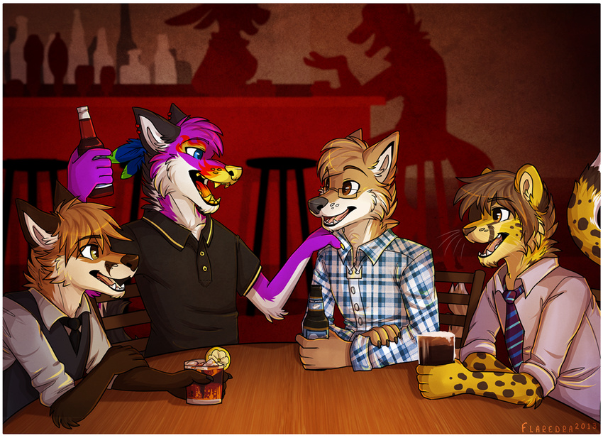 2013 alcohol anthro bar beer beverage birthday canine cheetah chrimson citrinelle clothed clothing ear_piercing elbow_tufts eyewear feathers feline flaredra food fox fur glasses hybrid jewelry male mammal multicolored_fur necklace necktie phantom_the_fox piercing rupeecat shirt sitting table wolf xanderblaze