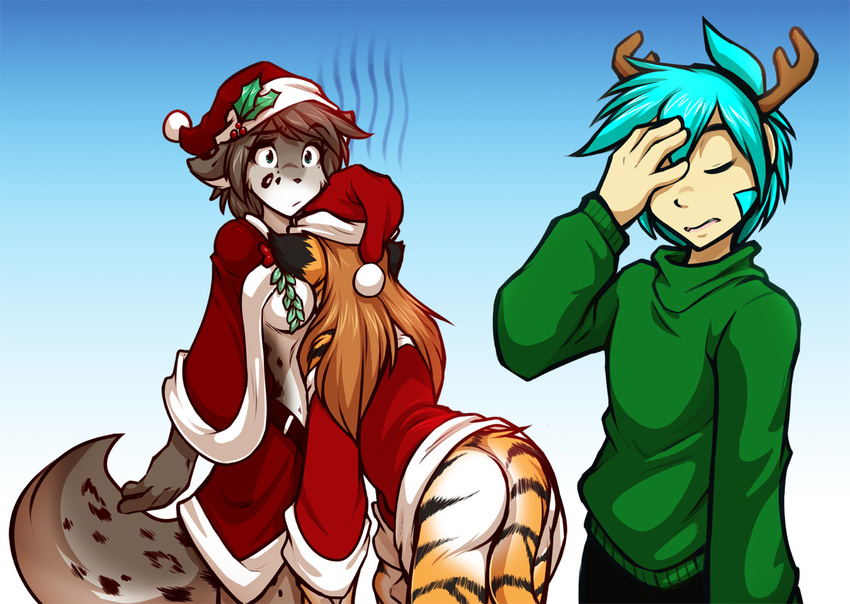 anthro big_breasts blue_eyes blue_hair bottomless breasts brown_hair butt canine christmas clothed clothing costume facepalm feline female flora_(twokinds) fur grey_fur group hair half-dressed hat holidays human hybrid kathrin_(twokinds) keidran long_hair male mammal mistletoe motorboating multicolored_fur orange_fur plant santa_costume santa_hat spots standing stripes sweater tiger tom_fischbach trace_legacy two_tone_fur twokinds white_fur