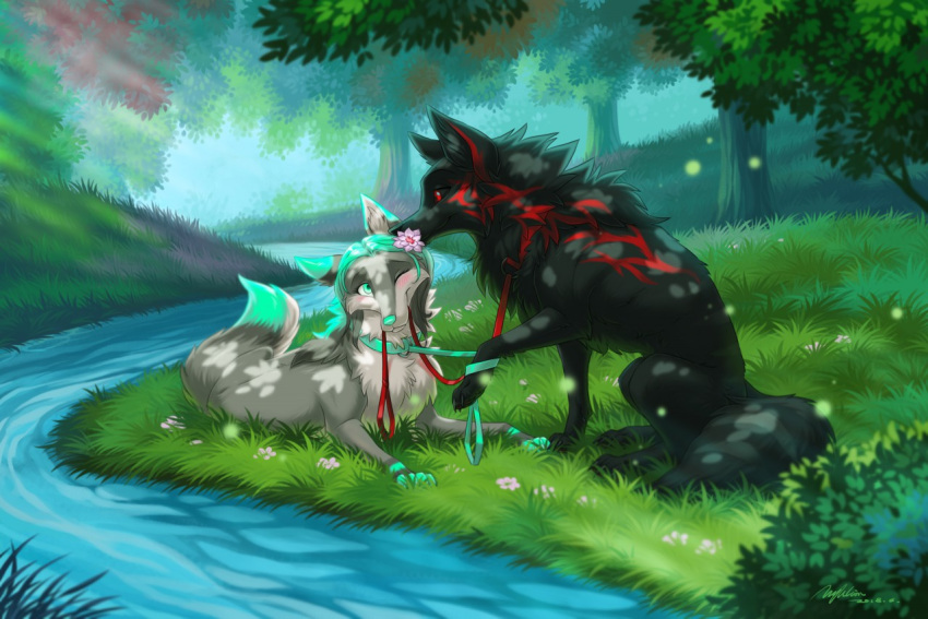2018 black_fur canine day detailed_background digital_media_(artwork) duo female feral forest fur grass grey_fur hyhlion leash male mammal outside paws tree water wolf