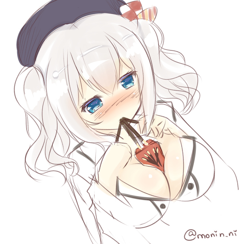 beret between_breasts blue_eyes blush bow breasts buttons eating food hair_between_eyes hands_on_own_chest hat hat_bow highres kantai_collection kashima_(kantai_collection) large_breasts mony nose_blush package pocky short_hair sidelocks simple_background sketch solo twintails twitter_username upper_body watery_eyes white_background white_hair