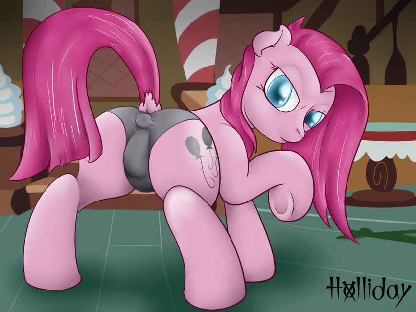 2015 animal_genitalia blue_eyes butt clothing cutie_mark dock earth_pony equine equine_pussy female feral friendship_is_magic hair holliday_(artist) hooves horse inside long_hair looking_at_viewer mammal my_little_pony panties pink_hair pinkamena_(mlp) pinkie_pie_(mlp) pony pussy raised_leg solo teats underhoof underwear