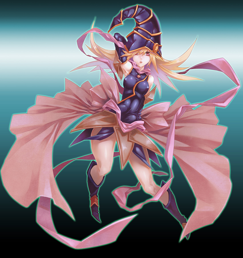a-er_(akkij0358) bare_shoulders blonde_hair boots breasts covered_nipples detached_sleeves duel_monster gagaga_girl gradient gradient_background hat highres large_breasts long_hair looking_at_viewer open_mouth red_eyes solo wizard_hat yuu-gi-ou yuu-gi-ou_zexal