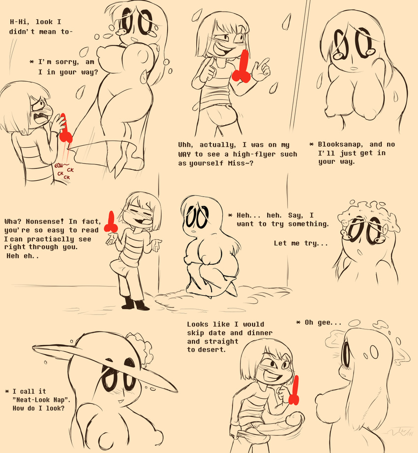 breasts clothed clothing crossgender english_text female ghost human male mammal napstablook parody penis protagonist_(undertale) spirit text thewill undertale video_games