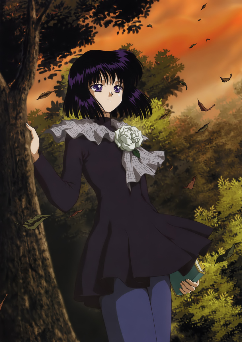 absurdres bishoujo_senshi_sailor_moon black_hair black_skirt blue_legwear book cowboy_shot expressionless flower highres hino_ryutaro leaf pantyhose purple_eyes shawl short_hair skirt solo tomoe_hotaru tree