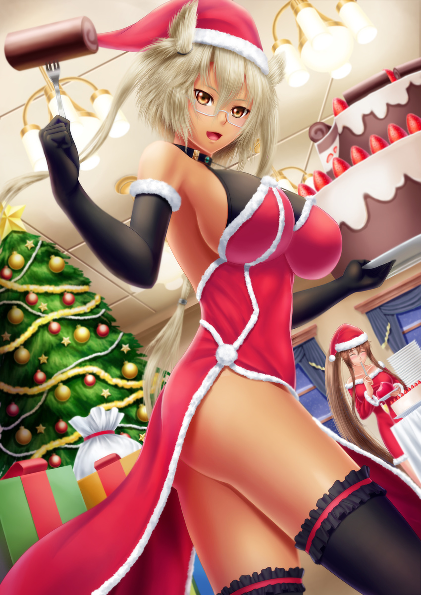 absurdres alcohol alternate_costume black_gloves black_legwear blonde_hair breasts brown_eyes brown_hair cake champagne champagne_flute chandelier check_character christmas christmas_ornaments christmas_tree collar cup curtains dark_skin dress drinking_glass eating elbow_gloves food fruit fur_trim gift glasses gloves hair_between_eyes halterneck hat highres kantai_collection large_breasts masatoki md5_mismatch multiple_girls musashi_(kantai_collection) neck red_dress sack santa_costume santa_hat short_hair snowing strawberry swiss_roll thighhighs thighs twintails two_side_up window yamato_(kantai_collection)