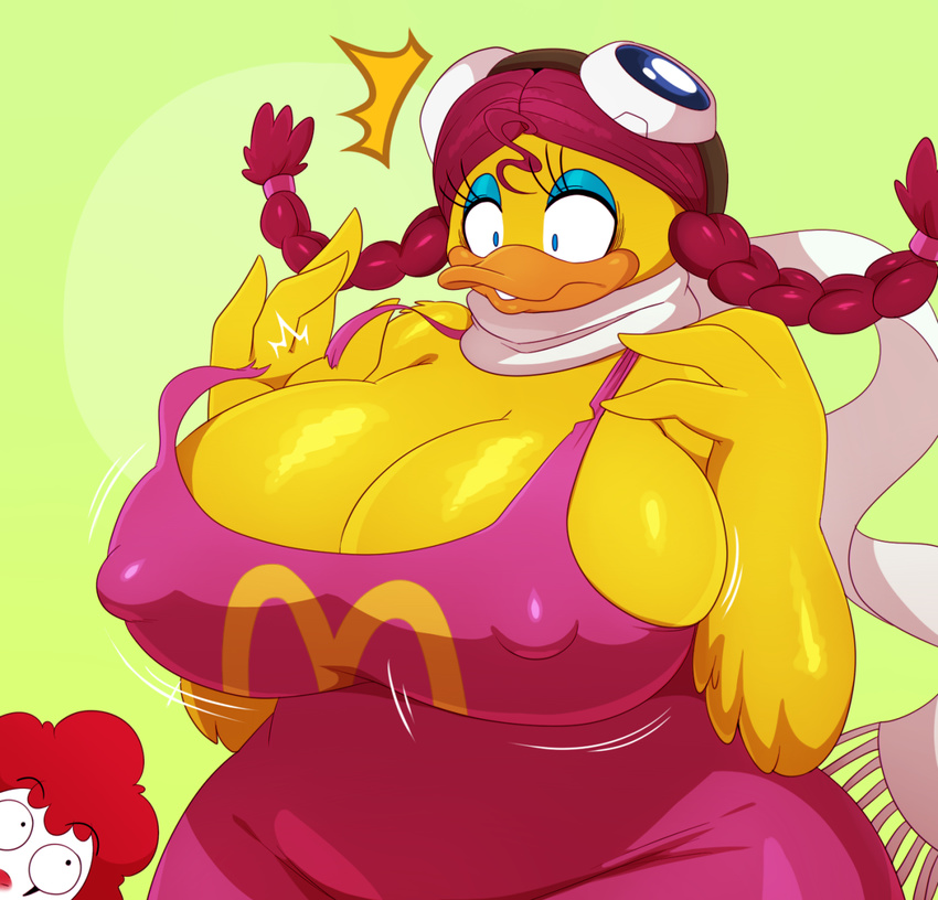 avian big_breasts bird birdie_the_early_bird blue_eyes breasts duck eyewear feathers goggles hair male mcdonald's red_hair ronald_mcdonald scarf sssonic2 wardrobe_malfunction wide_hips yellow_feathers