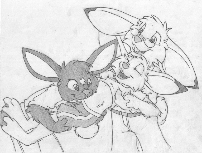 anthro bent_over buckteeth clothing eyewear family father father_and_son glasses greyscale group husband_and_wife jake_cottontail lagomorph laugh lewis_cottontail lifted mammal mary_cottontail midriff mizzyam monochrome mother mother_and_son open_mouth pants parent pencil_(artwork) playing rabbit shirt shirt_lift shorts son teeth traditional_media_(artwork)