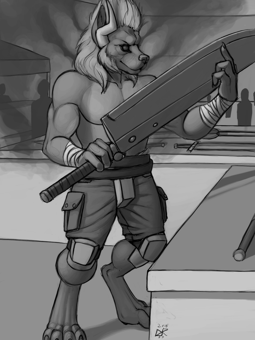 bandage clothed clothing convincing_weapon feline fur greyscale hair half-dressed hi_res knee_pads ldr lion male mammal melee_weapon monochrome muscular pads pecs shorts solo standing sword topless weapon