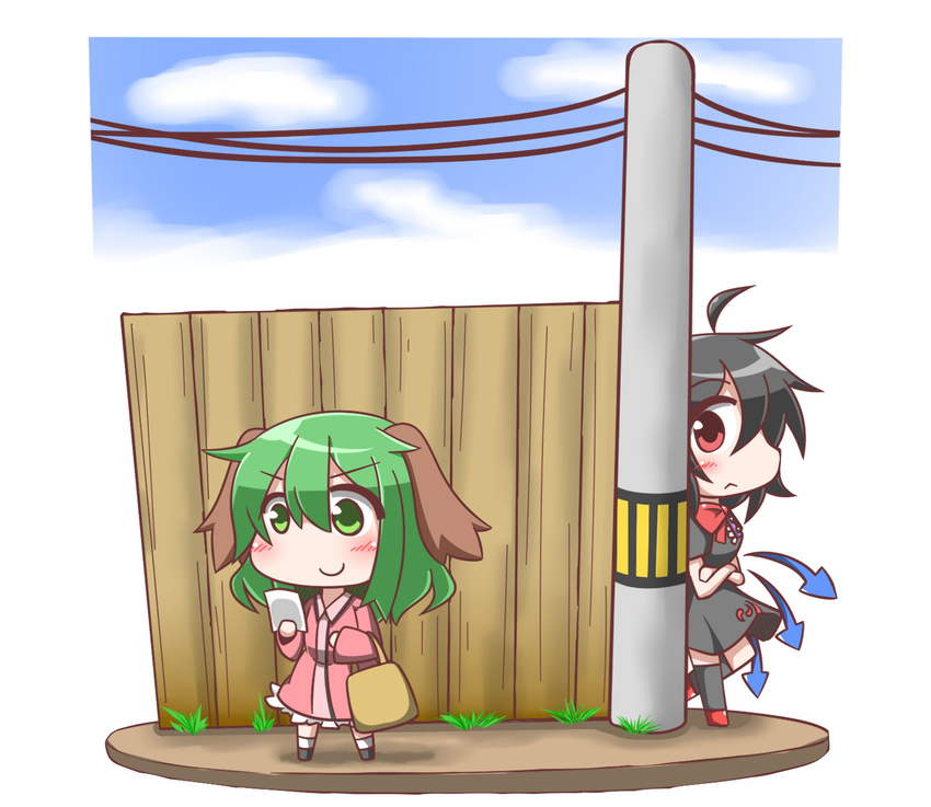 &gt;:) ahoge animal_ears asymmetrical_wings bag black_hair brown_eyes c: chibi commentary dog_ears feiton green_eyes green_hair hajimete_no_otsukai hiding highres holding houjuu_nue kasodani_kyouko multiple_girls note shopping_bag short_hair smile telephone_pole touhou v-shaped_eyebrows wings