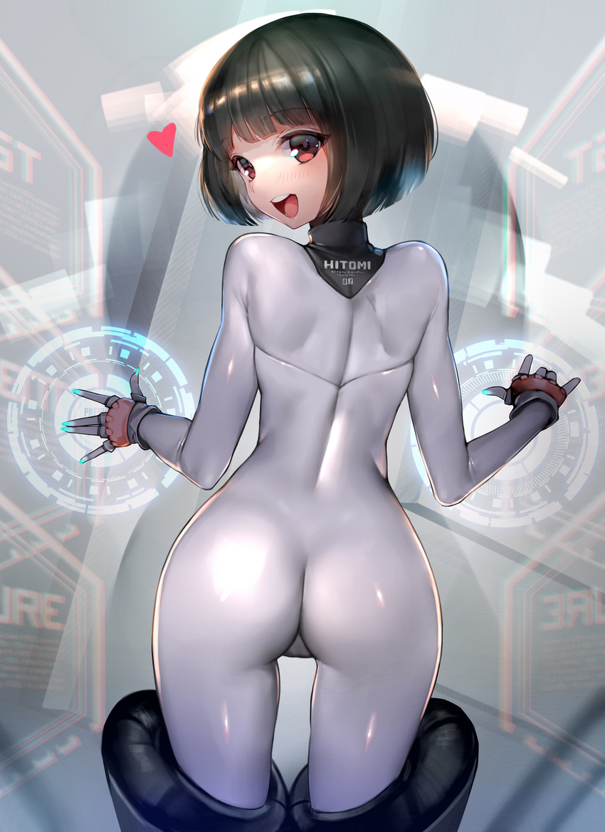 \||/ absurdres appleseed ass back bangs black_hair blue_nails blunt_bangs blush bodysuit cowboy_shot fingerless_gloves floating_screen from_behind gloves glowing heart highres hitomi_(appleseed) hitowa hologram legs_apart lens_flare looking_back nail_polish red_eyes short_hair solo teeth thigh_gap turtleneck