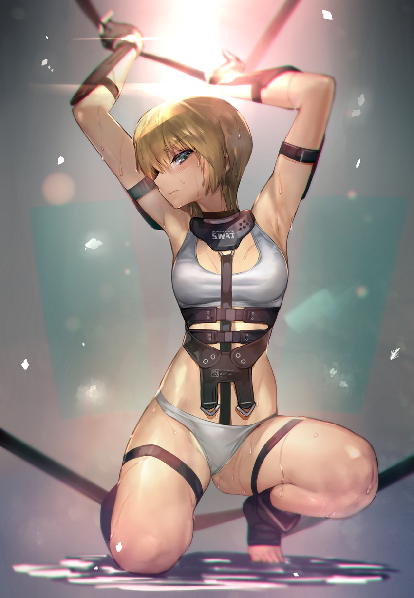 absurdres appleseed armpits arms_up barefoot between_breasts black_legwear black_ribbon blonde_hair blue_eyes blush bound bound_arms bound_thighs breasts buckle closed_mouth crop_top deunan_knute eyebrows eyebrows_visible_through_hair fingerless_gloves full_body gloves highres hitowa medium_breasts navel one_knee panties ribbon short_hair solo sweat tank_top toeless_legwear underwear wet wet_hair white_panties