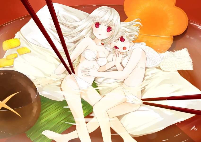 :o ahira_yuzu albino ass bangs barefoot bikini blush carrot chopsticks collarbone eyebrows eyebrows_visible_through_hair flower food fruit highres holding_hands in_bowl in_container in_food interlocked_fingers long_hair looking_at_viewer minigirl mochi multiple_girls mushroom original oversized_object panties panty_pull partially_submerged personification pulled_by_another red_eyes ripples scarf strapless strapless_bikini strapless_swimsuit swimsuit tofu underwear white_bikini white_hair white_scarf yuzu_(fruit) zouni_soup